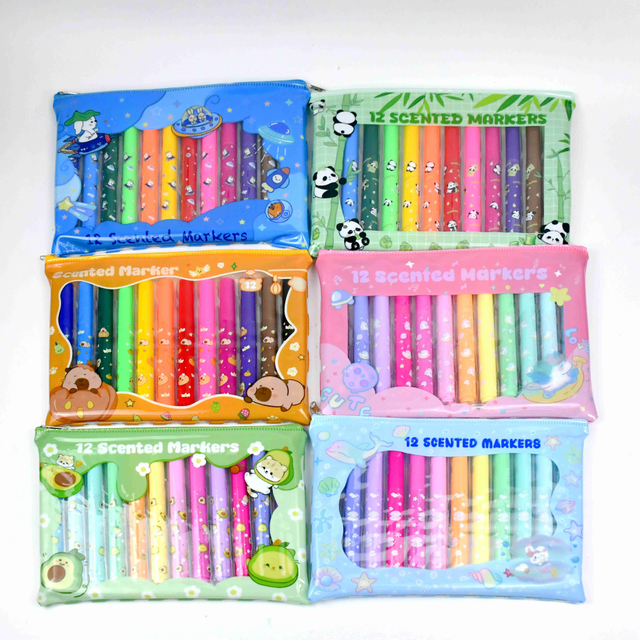 #Scented water color pen colorful zipper bag barrel with heat transfer art 