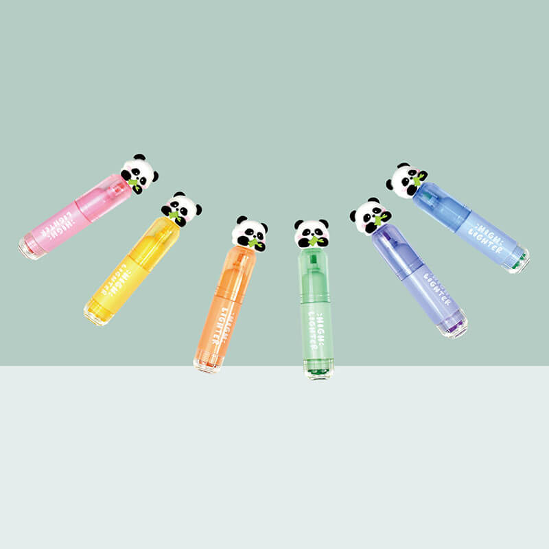 MACACO 9205 cute panda highlighters set 6 colors giant cartoon stamp markers safe and non-toxic chisel tip fluorescent pens with panda caps in clear PET box wholesale