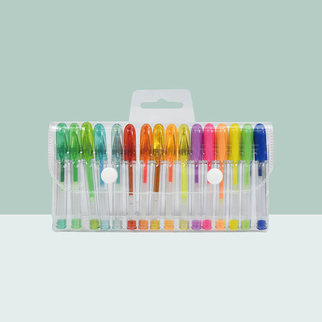 MACACO gel ink pens glitter mini gel ink pen 16 colors assorted set in horizontal clear PVC pouch with twin snap buttons