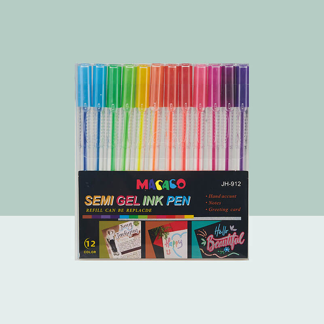 MACACO gel ink pens glitter 912N neon semi gel ink pen 12 colors assorted set in premium retail art paperboard presentation case