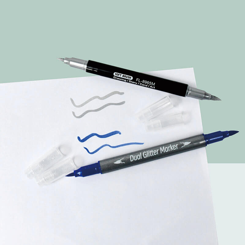 Wholesale dual tip soft brush highlighter model 8965M and 8965G with silver and blue shimmering ink strokes