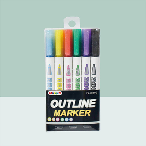MACACO Special Marker 8021 OL outline markers set featuring magic bullet tip double line metallic silver ink tracking with glitter caps. CE certified safe non-toxic single head paint pens in clear hanging PVC retail box, direct from China stationery manufacturer wholesale supplier with bulk order price