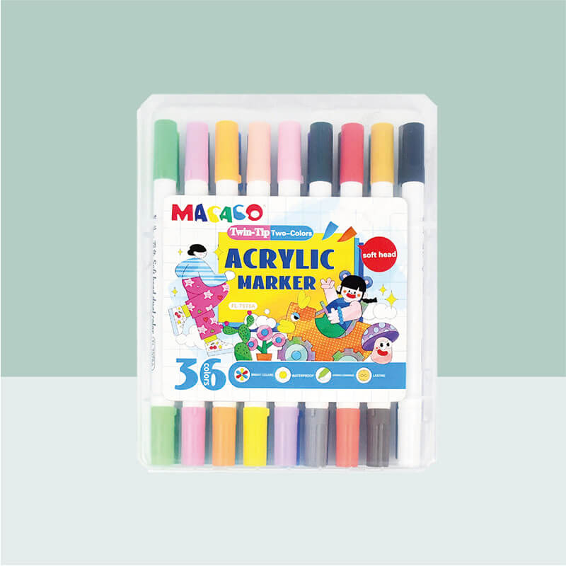 MACACO Special marker 7978 acrylic markers set twin-tip two-colors brush soft head paint pens safe and non-toxic dual-head multi-color acrylic markers in portable plastic case wholesale