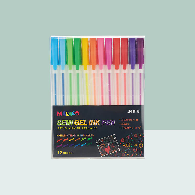 MACACO gel ink pens glitter 915N neon semi gel ink pen 12 colors assorted set in premium retail art paperboard presentation case