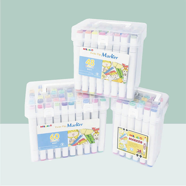 MACACO Special marker 8001 twin-tip markers set 24 48 60 colors white barrel square body dual tip chisel fine art sketch pens safe and non-toxic drawing markers in clear handled plastic case wholesale