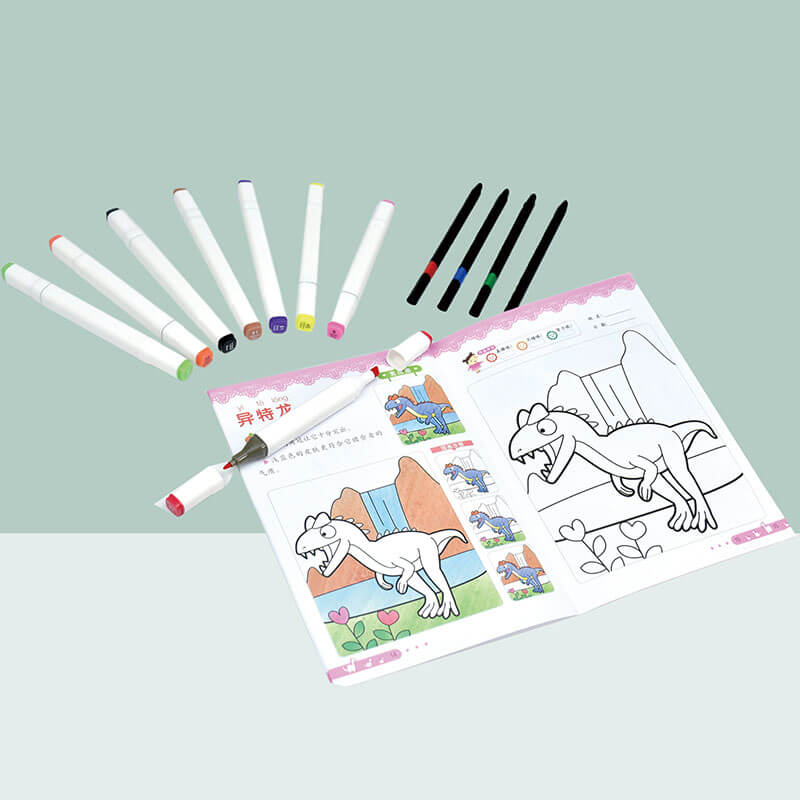 Coloring activity pages included with fineliner markers set for kids
