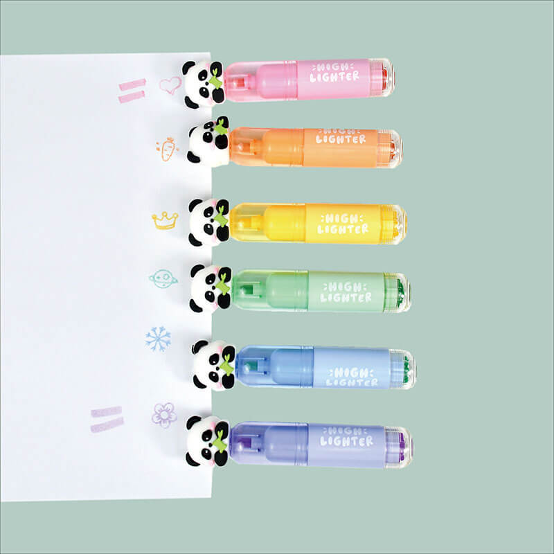 MACACO 9205 cute panda highlighters set 6 colors giant cartoon stamp markers safe and non-toxic chisel tip fluorescent pens with panda caps in clear PET box wholesale