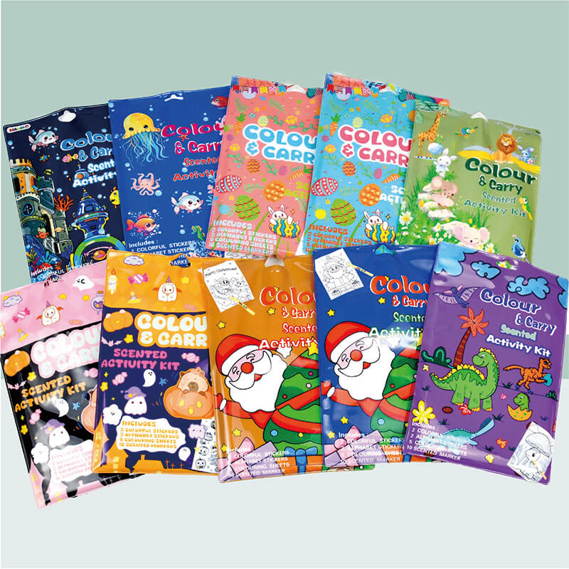 Colorful PVC bag scented activity kit with stickers alphabet markers coloring sheets