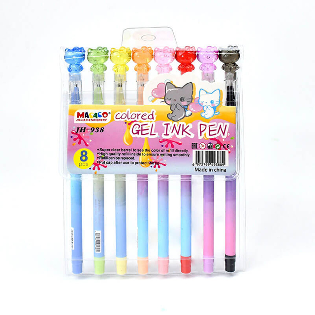 Colored gel ink pen 938 refillable 12 pcs assorted colors cat cap design bulk wholesale
