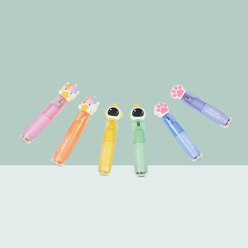 MACACO 9205 cute panda highlighters set 6 colors giant cartoon stamp markers safe and non-toxic chisel tip fluorescent pens with panda caps in clear PET box wholesale