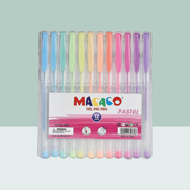 MACACO semi gel pens 882P pastel gel ink pen 12 colors assorted set in standard clear PET presentation box