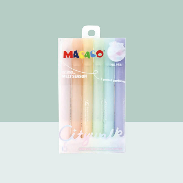 MACACO 984 scented glitter highlighter pens set 6 colors perfume shimmer markers safe and non-toxic fragrant fluorescent pens in PET box wholesale