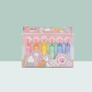 MACACO 9201 cute cat paw highlighters set 6 colors single ended lucky cartoon stamp markers safe and non-toxic chisel tip fluorescent pens in clear PET box wholesale