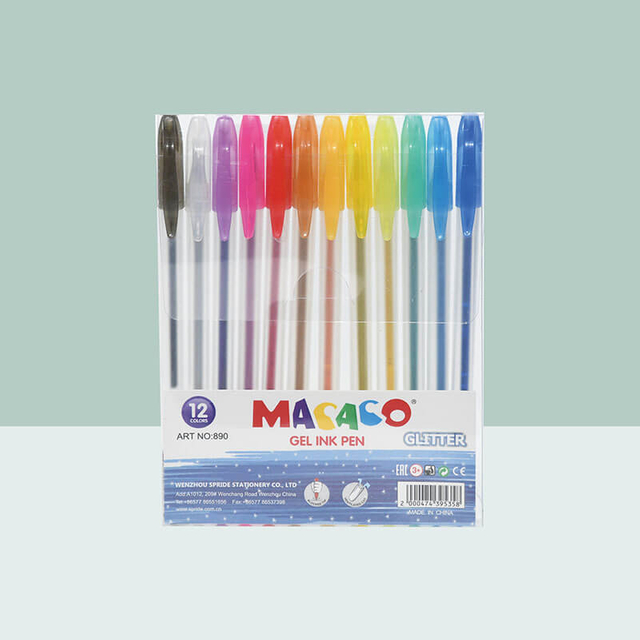 MACACO semi gel pens 890 glitter gel ink pen 12 colors assorted set in standard retail PET presentation box