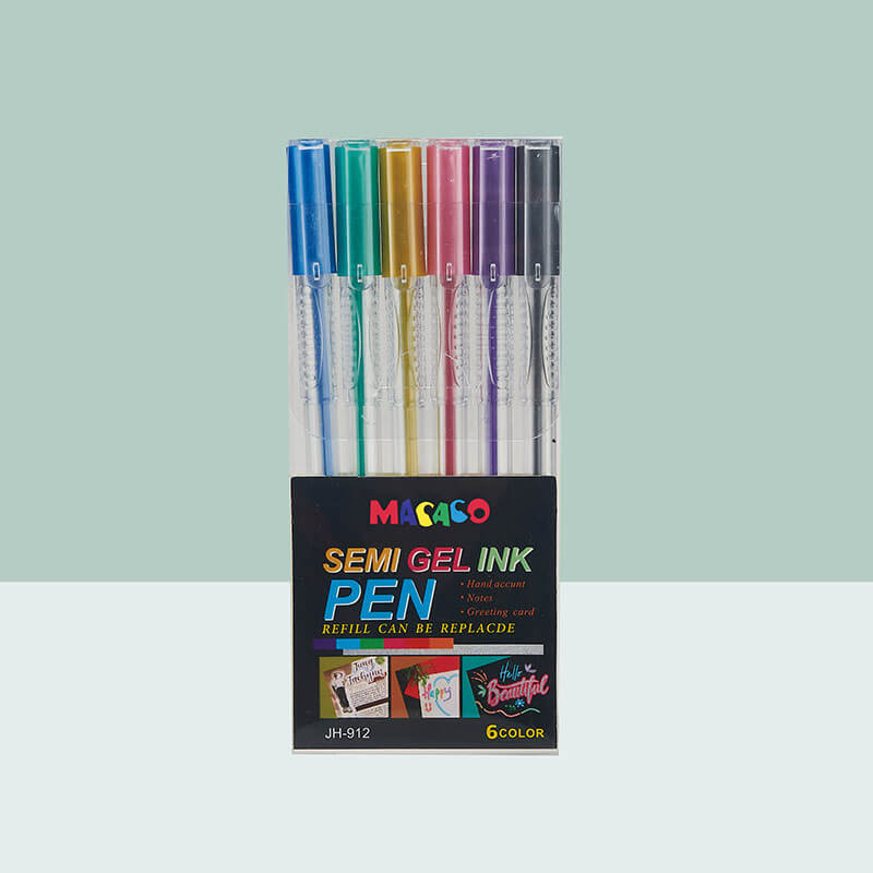 MACACO gel ink pens glitter 912M metallic semi gel ink pen 6 colors assorted set in premium retail art paperboard presentation case