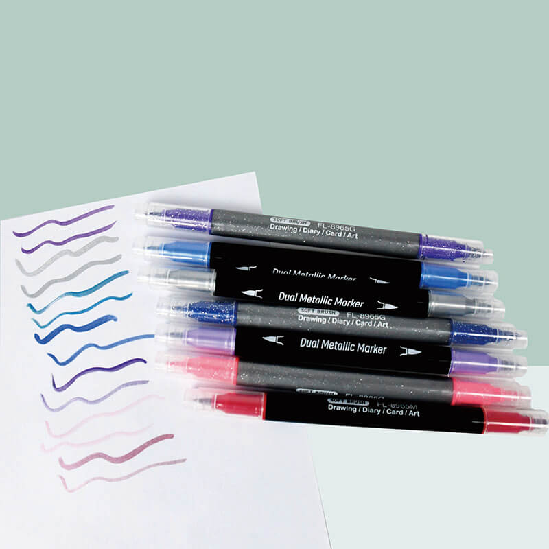 Wholesale dual tip soft brush highlighter model 8965M and 8965G with silver and blue shimmering ink strokes