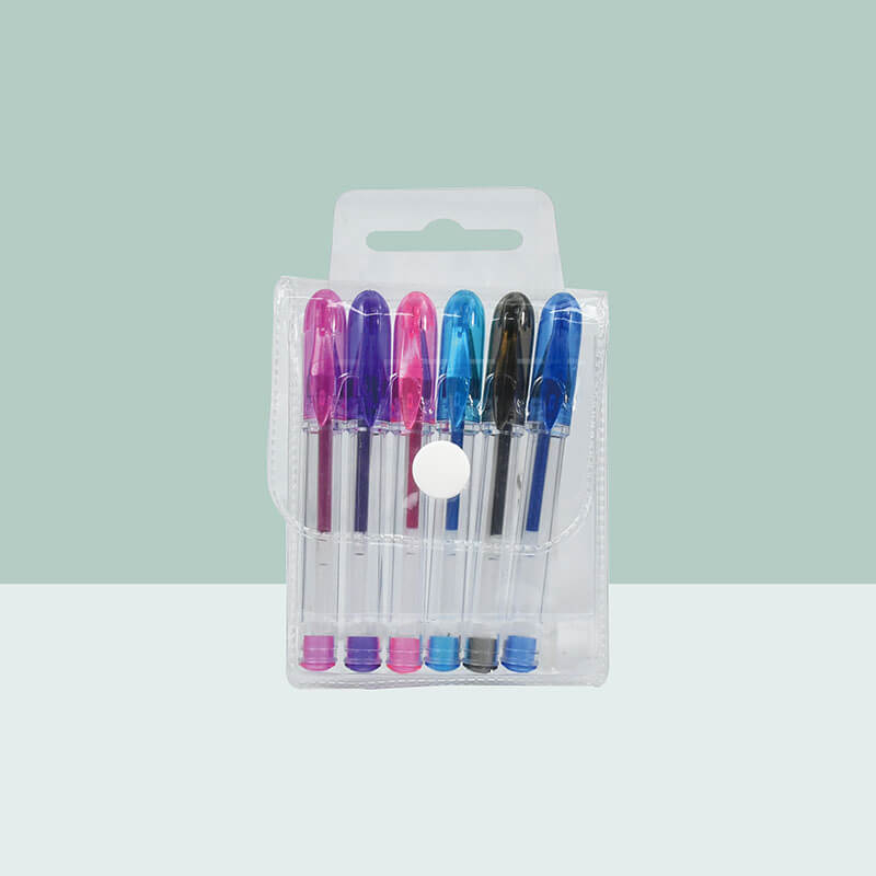 Wholesale compact pocket size gel pens 6 colors variant model in vertical translucent PVC pouch with single snap button