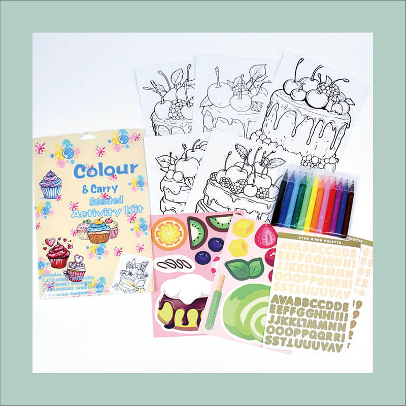 Scented activity kit contents colorful PVC bag includes markers stickers coloring sheets
