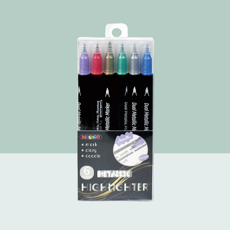 MACACO special marker 8965G glitter and 8965M metallic dual brush highlighter 6 colors sets in retail clear packs