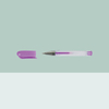 Single component detail of purple mini pocket gel pen showing short clear cylindrical barrel and detached rounded safety cap