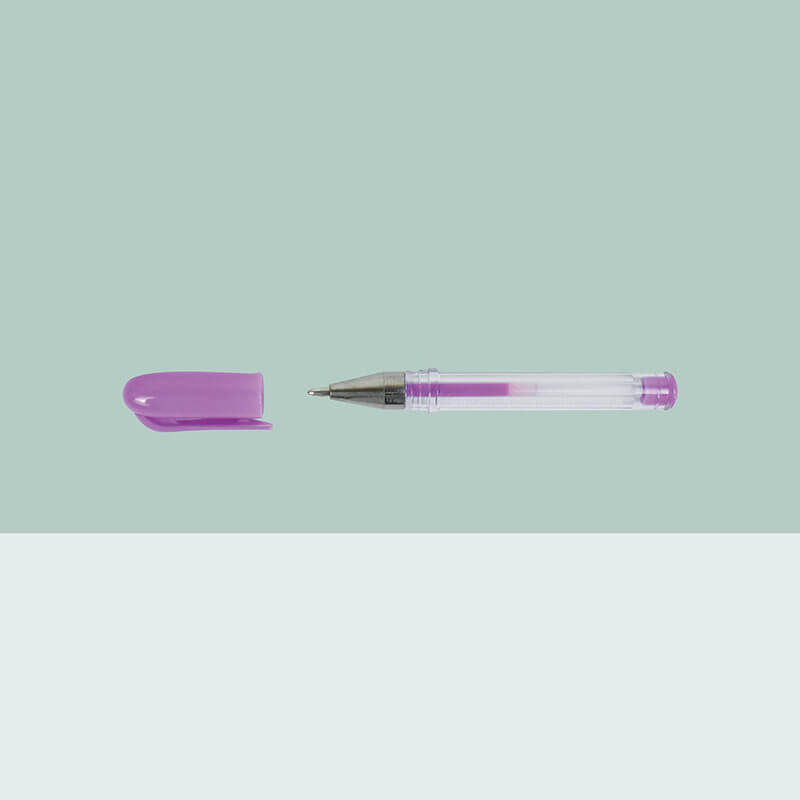 Single component detail of purple mini pocket gel pen showing short clear cylindrical barrel and detached rounded safety cap