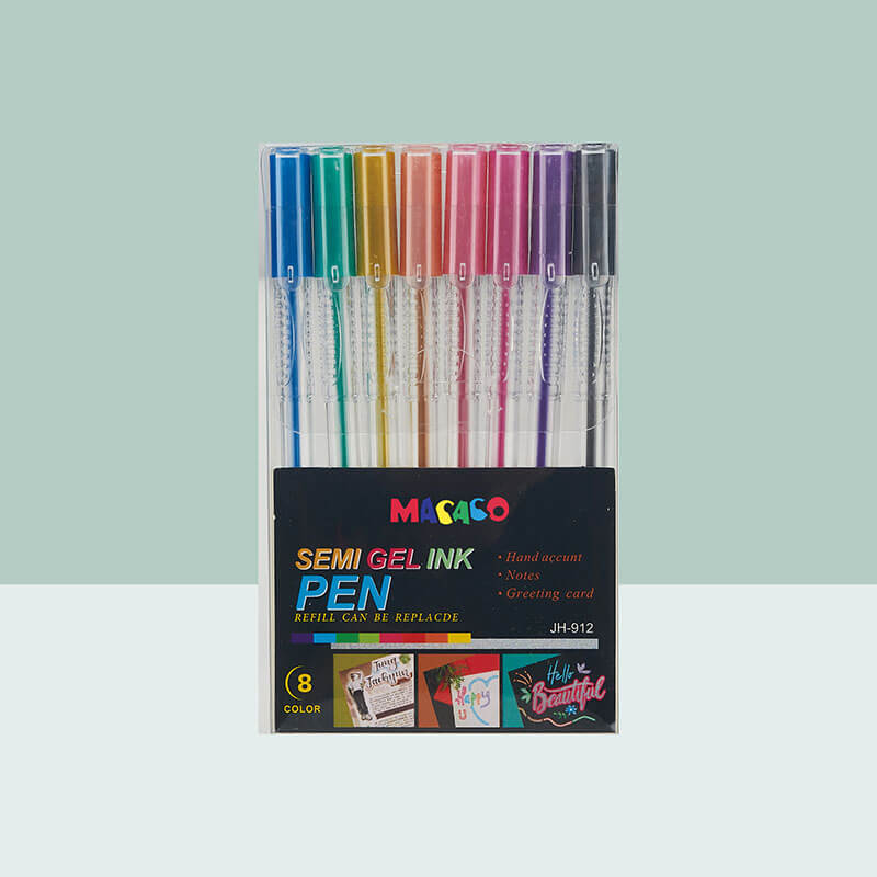 MACACO gel ink pens glitter 912M metallic semi gel ink pen 8 colors assorted set in premium retail art paperboard presentation case