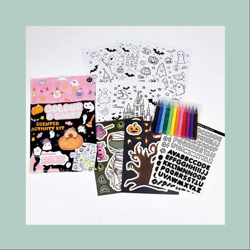 Scented activity kit contents colorful PVC bag includes markers stickers coloring sheets