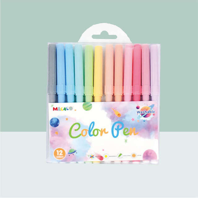 MACACO 888-12 water color pen 12 colors washable markers in clear crystal PET box with hanging tab for painting drawing