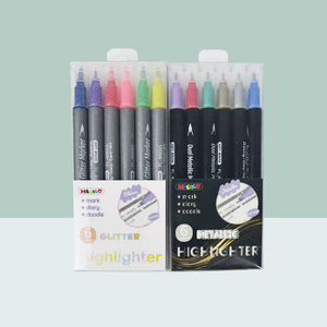MACACO special marker 8965G glitter and 8965M metallic dual brush highlighter 6 colors sets in retail clear packs