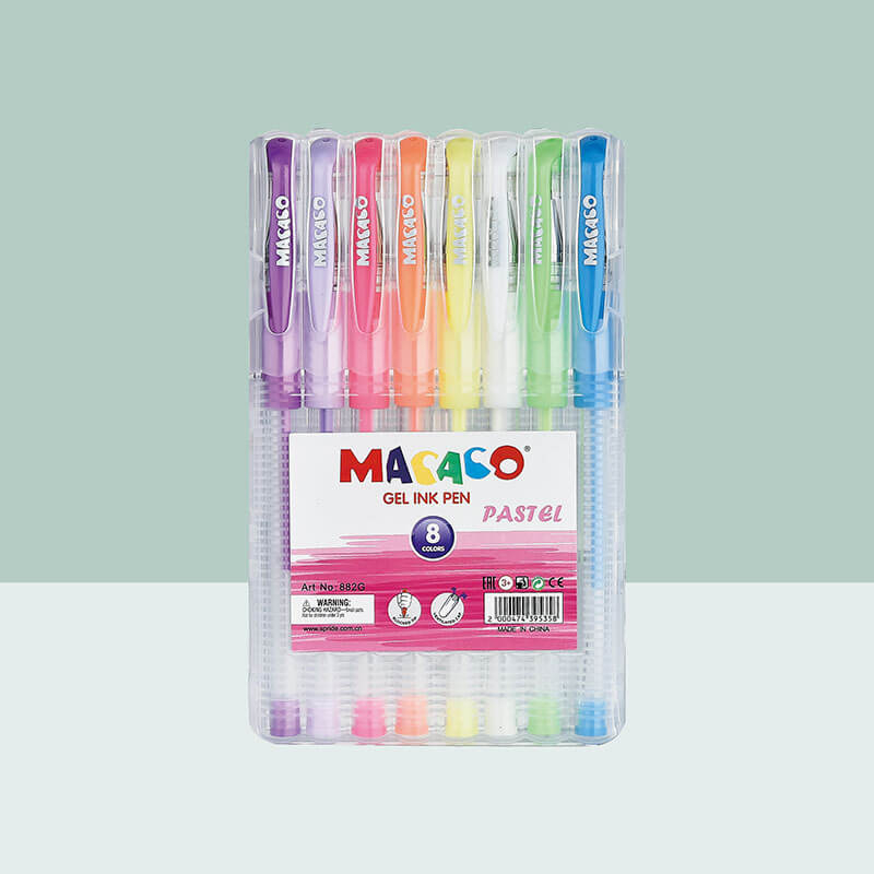 MACACO semi gel pens 882GP pastel gel ink pen 8 colors assorted set in standard translucent rigid plastic presentation box