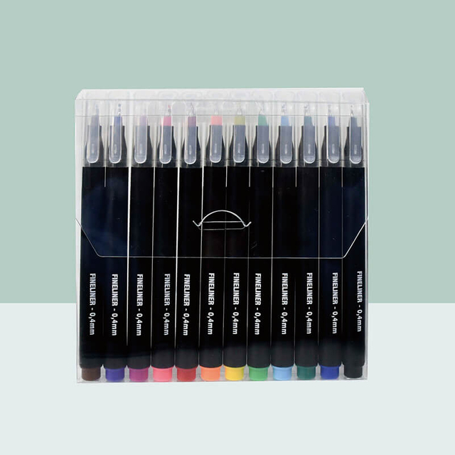 MACACO 8888 fineliner pens set 12 colors 0.4mm fine point black barrel micro sketch markers in rigid clear case for drawing journaling writing