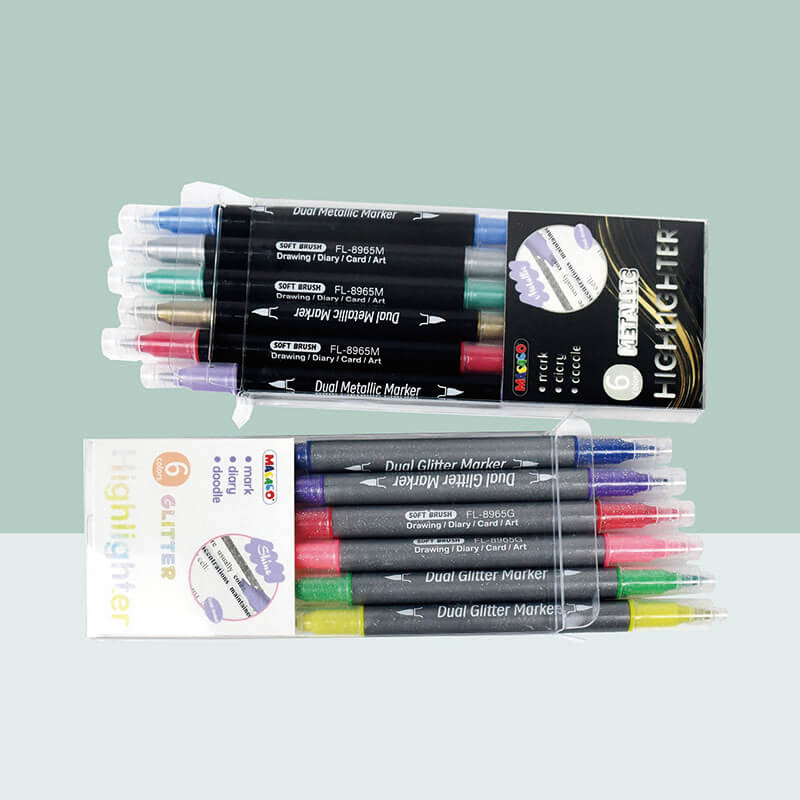 MACACO special marker 8965g glitter and 8965m metallic dual brush highlighter 6 colors sets in retail clear packs